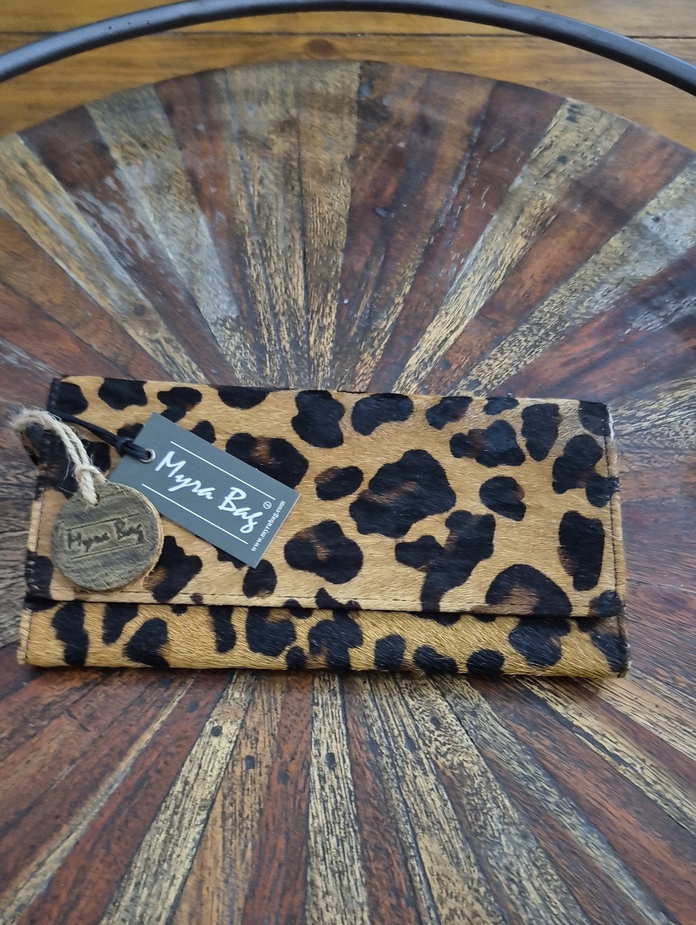 Myra Bag Leopard Print Calf Hair Fold-Over Card Holder in Tan and Black. NWT